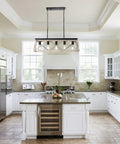 Lit Five Light Farmhouse Style Linear Pendant Lights For Kitchen Island And Dining Room, Open Birdcage Geometric Frame, above kitchen island