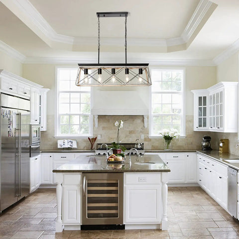 Lit Five Light Farmhouse Style Linear Pendant Lights For Kitchen Island And Dining Room, Open Birdcage Geometric Frame, above kitchen island