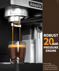Close-up of 20 Bar Espresso Machine With Touch Screen And Automatic Milk Frother 3-In-1 Latte Maker pouring espresso