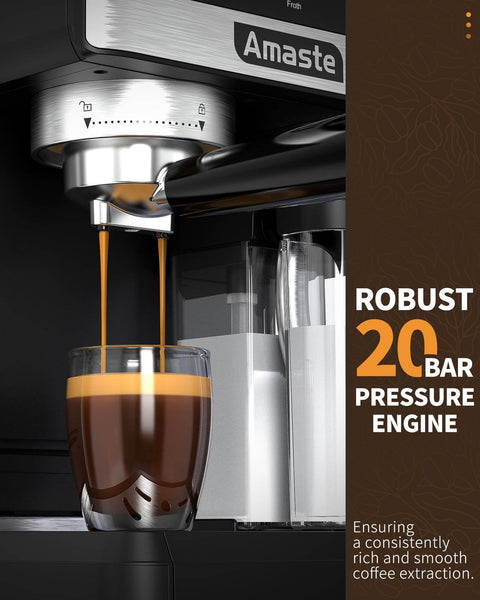 Close-up of 20 Bar Espresso Machine With Touch Screen And Automatic Milk Frother 3-In-1 Latte Maker pouring espresso