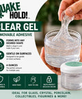 Clear Gel For Glass And Crystal 4 Oz Keeps Your Valuables From Tipping And Sliding, shown in hand and jar labeled Quake Hold