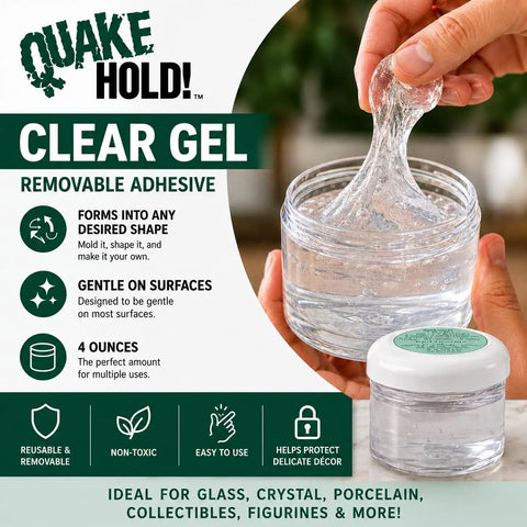 Clear Gel For Glass And Crystal 4 Oz Keeps Your Valuables From Tipping And Sliding, shown in hand and jar labeled Quake Hold