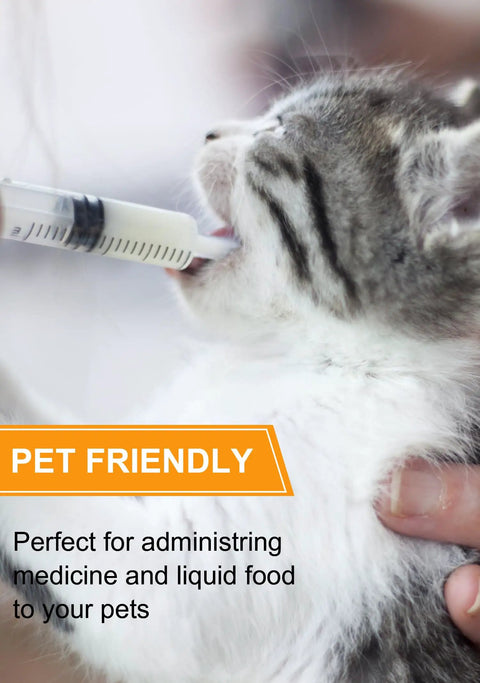 One mL Luer Lock Syringes Without Needle With Cap Pack Of 50 For Dope Precision In Labs Pet Care Crafts And Home Use Sterile Latex Free Safe Cap Seal Easy Squeeze And Clean Storage. Cat drinking from 1 mL luer lock syringe for pet care.