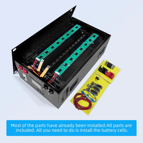 Heavy Duty 48V LiFePO4 Battery Box For DIY Solar Energy Storage Cabinet Rack Built Like A Tank Fits 280Ah To 314Ah Prismatic Cells Sold Separately showing internal components and parts.