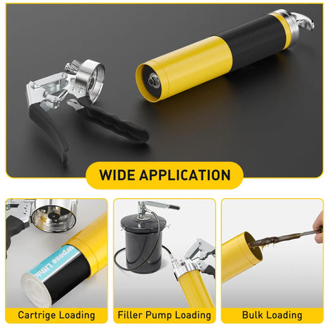 Workhorse Heavy Duty Grease Gun Kit With Hose Coupler showing wide application methods