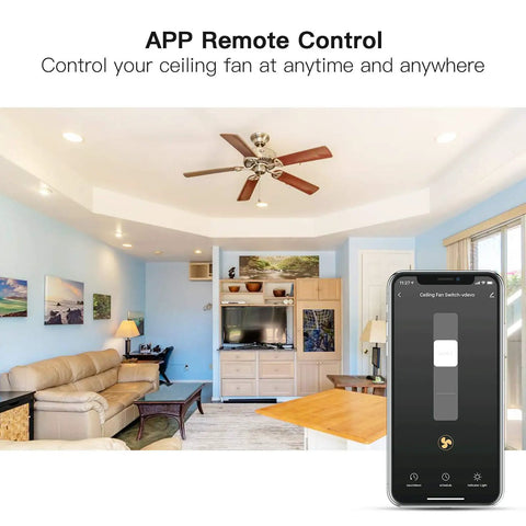 Living room showing Smart Ceiling Fan Switch With 2.4GHz WiFi, Neutral Wiring Required, Single Pole, Remote app control display.