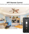 Smart Ceiling Fan Control 2 Pack Four Speed Wall Switch For Ceiling Fans Neutral Wire Required Works With Alexa And Google Assistant Bluetooth Setup Schedule No Hub Needed shown in a living room with mobile app control interface.