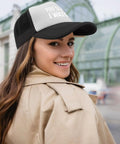 Woman wearing All Day Comfort Mens Breathable Golf Trucker Hat With Front Artwork Adjustable Buckle Cap For Everyday Casual Wear Dope Street Style Sun Protection For All Day Outdoor Use, smiling outdoors.