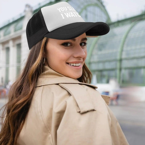 Woman wearing All Day Comfort Mens Breathable Golf Trucker Hat With Front Artwork Adjustable Buckle Cap For Everyday Casual Wear Dope Street Style Sun Protection For All Day Outdoor Use, smiling outdoors.