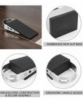 Stainless Steel Door Stopper With Non-Slip Rubber Wedge, Compact 3.94 x 1.89 x 1.30 Inch Size on hardwood floor with details.