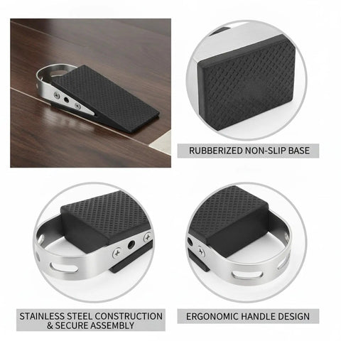 Stainless Steel Door Stopper With Non-Slip Rubber Wedge, Compact 3.94 x 1.89 x 1.30 Inch Size on hardwood floor with details.