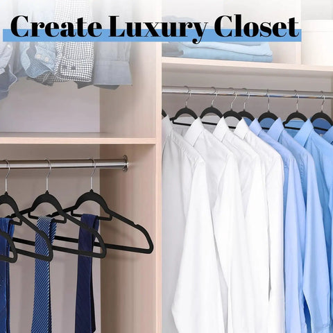 Black Velvet Hangers 20 Pack Space Saving Non Slip With Tie Bar Shoulder Notches in sleek closet