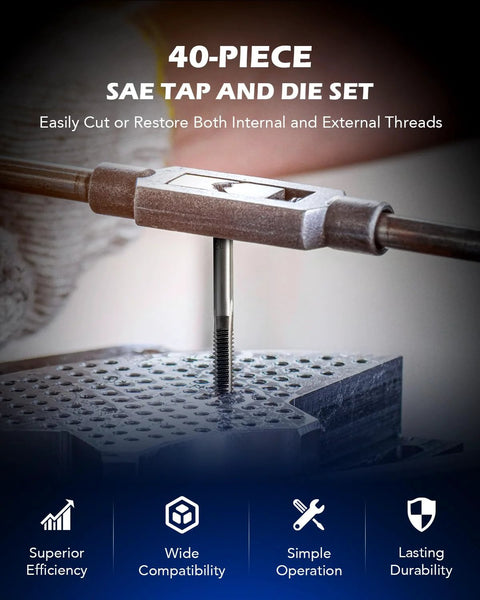 Orion Motor Tech SAE tap and die set in use, threading a metal rod in a benchtop block