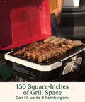 Portable Gas Grill With VersaStand For Camping And Backyard BBQ 150 Sq In Cooking Surface 5500 BTU Burner cooking kebabs