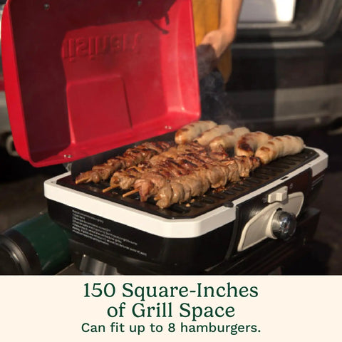 Portable Gas Grill With VersaStand For Camping And Backyard BBQ 150 Sq In Cooking Surface 5500 BTU Burner cooking kebabs