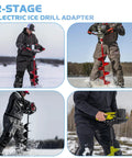 Two Stage Drill Adapter Replacement For NDA3 Auger Adapter in use with ice augers, showing hand and power drill compatibility.