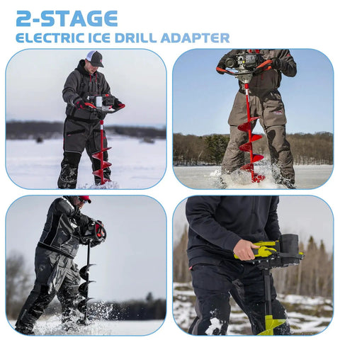 Two Stage Drill Adapter Replacement For NDA3 Auger Adapter in use with ice augers, showing hand and power drill compatibility.