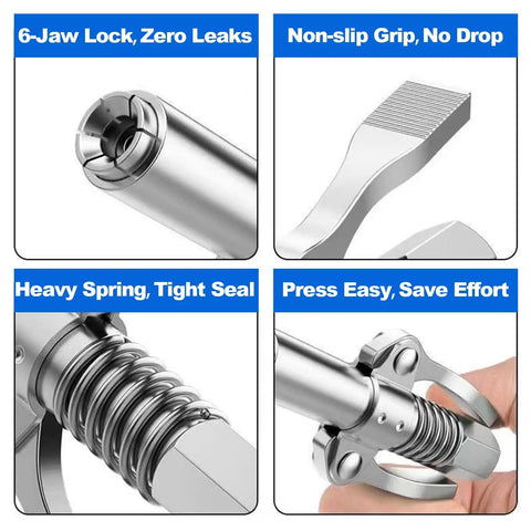 Heavy Duty Double Handle Grease Gun Coupler with six claw quick lock, non-slip grip, heavy spring, leak proof fittings