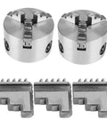 Bulletproof Three Piece Inside And Outside Jaw Chuck Set Featuring Self Centering Grip For Lathe Machining Precision Metalworking Tools, showing two chucks and three jaws.