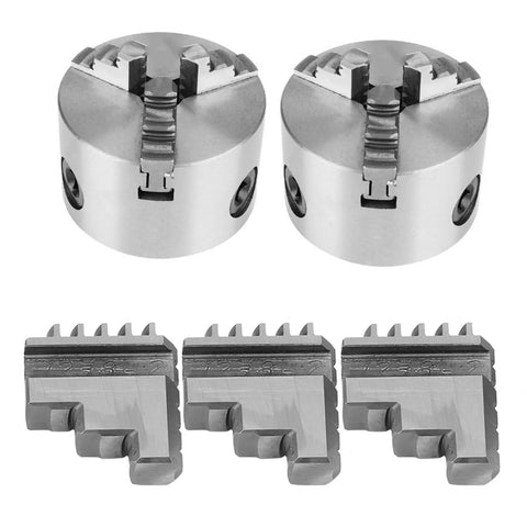 Bulletproof Three Piece Inside And Outside Jaw Chuck Set Featuring Self Centering Grip For Lathe Machining Precision Metalworking Tools, showing two chucks and three jaws.