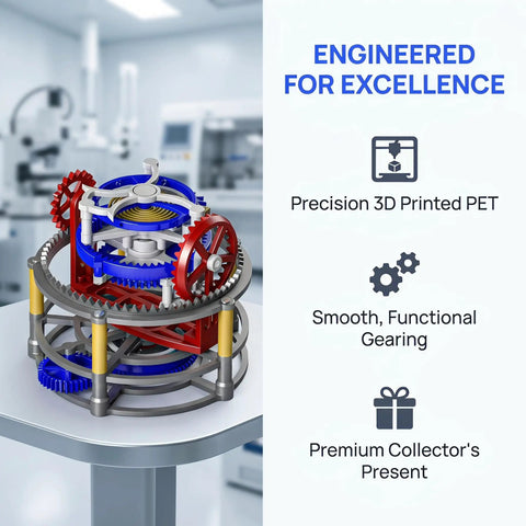 3D Printed Tri Axis Tourbillon Gear Transmission Model For STEM Education Ideal For Classrooms And Gearheads Demonstrates Coordinated Three-Axis Movement Realistic Mechanical Display Durable PET Construction For Education And Display, colorful PET gear model on stand