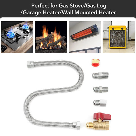 Gas Appliance Hook Up Kit With Brass Ball Valve And 22 Inch Stainless Flexible Connector For Stoves Heaters Fireplaces And Dryers Includes Half Inch Female Flare On Both Ends And Half Inch Female NPT To Half Inch Male Flare And Three Couplings displayed with application examples of gas stove, fireplace, and heaters.