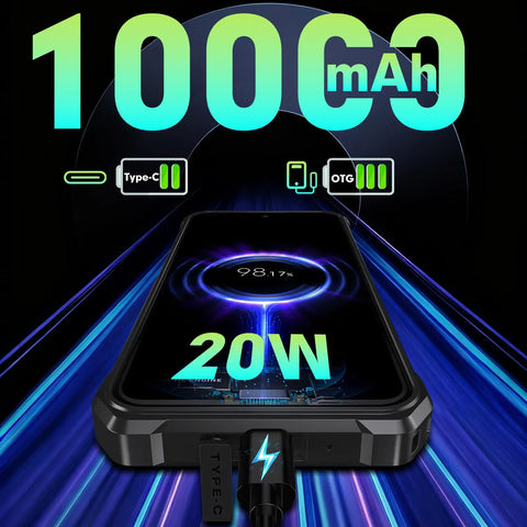 Ultra Rugged Unlocked Android 15 Powerhouse Packed With Massive 10000mAh Battery And Kickass 128dB Speaker Ironclad Waterproof Cellphone with power display.
