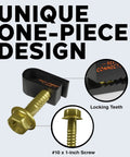 Coaxial Cable Clips With Pre-Inserted Screw, Black, 100 Pack, Single Cable Mounting Clamps shown with locking teeth and #10 x 1-inch screw.