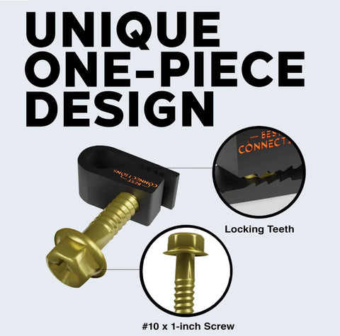 Coaxial Cable Clips With Pre-Inserted Screw, Black, 100 Pack, Single Cable Mounting Clamps shown with locking teeth and #10 x 1-inch screw.