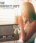 Woman holding coffee next to K-Cup Organizer box with text 'The Perfect Gift'; 40 Pod K Cup Drawer Organizer for Kitchen Drawers