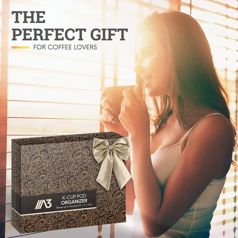 Woman holding coffee next to K-Cup Organizer box with text 'The Perfect Gift'; 40 Pod K Cup Drawer Organizer for Kitchen Drawers