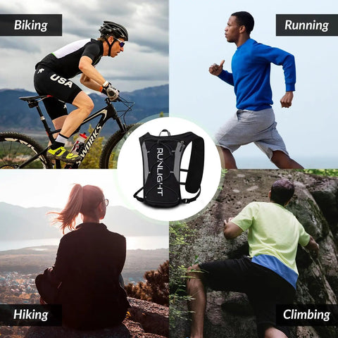 Collage of biking, running, hiking, climbing with Hydration Running Vest For Men And Women With 1.5L Water Bladder visible