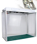 Top Shelf Aluminum Clean Bench Workstation With Dead Simple Triple Fan Ventilation And Electrostatic Curtain For Labs And Cleanrooms Built Tough With Heavy Duty Silicone Pad Quick Snap Assembly Gonna Love This Rig, showing aluminum clean room workstation with triple fan and green silicone pad.