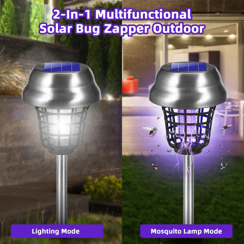 2-in-1 solar bug zapper outdoor lighting and mosquito modes, metallic casing, IP66 waterproof, shown in garden setting