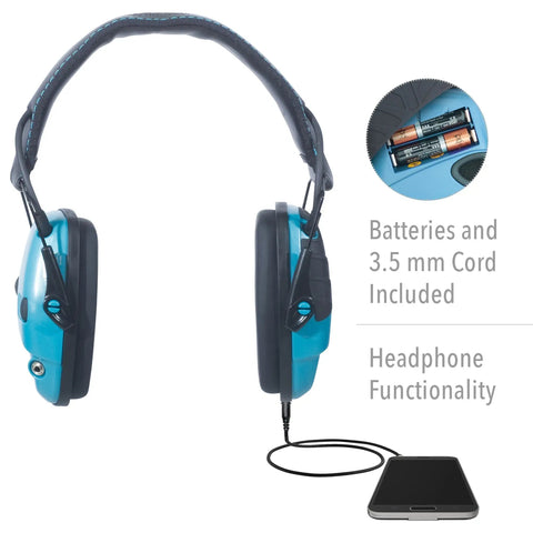 Impact Sport Electronic Shooting Earmuff with teal color directional microphones and headphone functionality, NRR 22 protection.