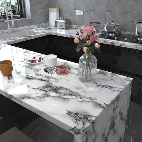 Elegant kitchen with Black And White Marble Peel And Stick Wallpaper For Kitchen Counters And Backsplashes No Glue Needed