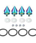 Universal Front And Rear Bumper Quick Release Fasteners Set Four Piece Multicolor Umbrella Type Clips Made Of Aluminum Alloy With Rubber Gaskets For Most Vehicles Durable Bumper Fixers For Easy Assembly And Secure Mounting shown disassembled with four multicolor aluminum clips and rubber gaskets.