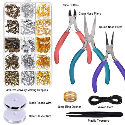 All In One Jewelry Repair Kit With Pliers, Beading Tools, Elastic Wire And Cord, 450 Beads And Supplies for DIY Jewelry Making