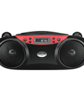 Front view of Portable Top-Loading CD Boombox With AM/FM Radio And 3.5mm Line In For MP3 Players, Red And Black, Built-In Stereo Speakers