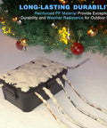 Large Outdoor Electrical Box Weatherproof IP54 placed under a decorated tree, covered in snow, with cords extending from it.