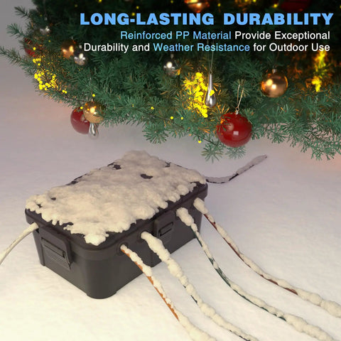 Large Outdoor Electrical Box Weatherproof IP54 placed under a decorated tree, covered in snow, with cords extending from it.