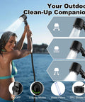 Woman using On The Go Solar Heated Camp Shower Bag 5 Gal 20L With Foot Pump Portable Outdoor Shower With Shower Head And Sprayer, Black