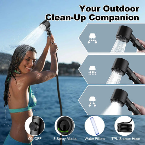 Woman using On The Go Solar Heated Camp Shower Bag 5 Gal 20L With Foot Pump Portable Outdoor Shower With Shower Head And Sprayer, Black