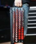 Person carrying heavy duty socket organizer tray two pack for one quarter inch, three eighths inch, and one half inch sockets