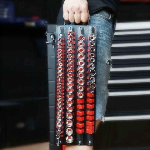 Person carrying heavy duty socket organizer tray two pack for one quarter inch, three eighths inch, and one half inch sockets
