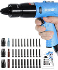 Hand holding Pneumatic Rivet Nut Gun Kit With Eleven Mandrels One Quarter Inch Five Sixteenths Inch Three Eighths Inch Pro Grade Air Rivnut Tool Set With Self Locking Head And Quick Change Heads For Easy Nutsert Inserts And Threaded Fasteners