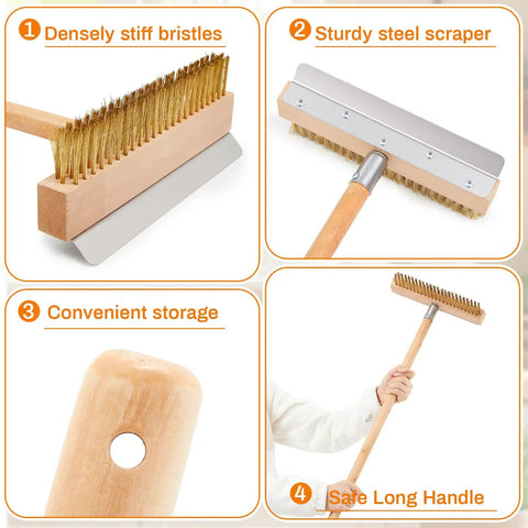 37 Inch Wood Handle Pizza Oven Brush With Scraper, Grime Bustin Outdoor Cleaning Tool With Brass Bristles And Steel Scraper