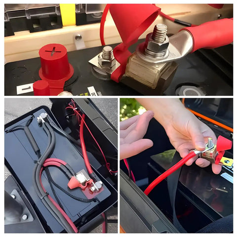Set of heavy duty waterproof fuse blocks with red cables and connectors, showing installation on a truck battery.