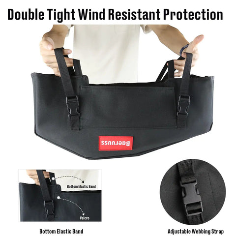 Heavy Duty UV-Resistant Waterproof Winch Cover For Electric Winches 8K To 13.5K Lbs, showcasing adjustable straps and elastic bands.