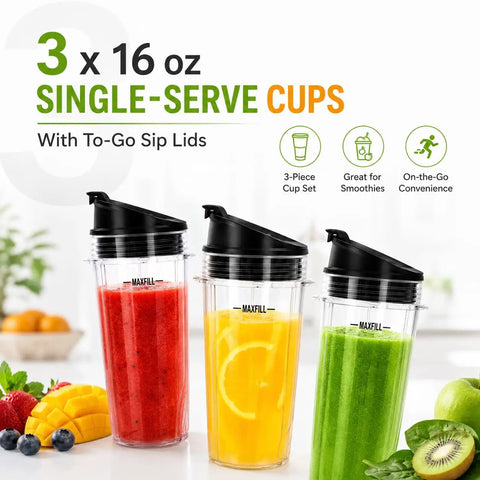 Three 16 oz single-serve cups with black sip lids filled with red, yellow, green smoothies alongside fruits on a countertop.